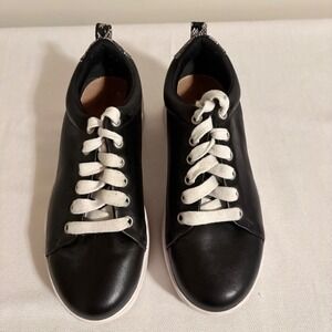 Halogen Black Leather Platform Sneakers Snake Print  Accent Up Size 6.5